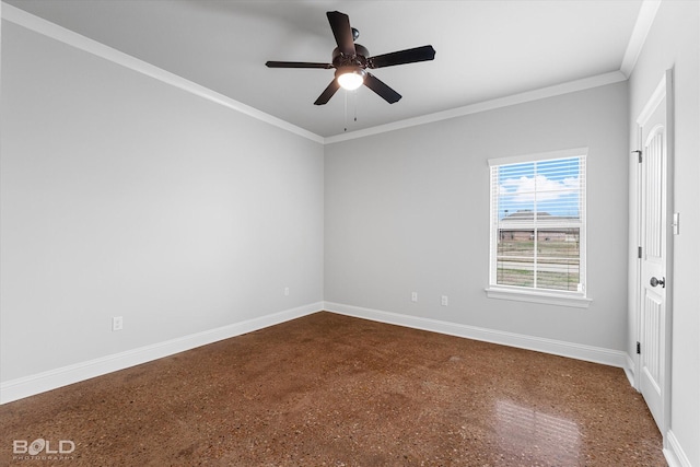 empty room featuring baseboards, ceiling fan, and ornamental molding