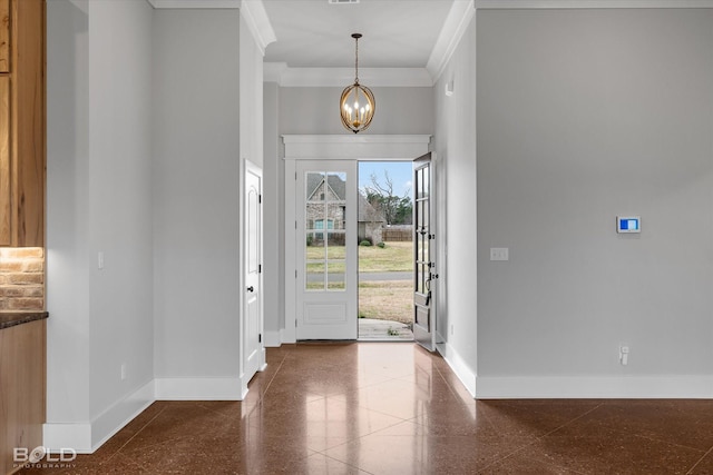 entryway featuring baseboards, visible vents, an inviting chandelier, granite finish floor, and crown molding