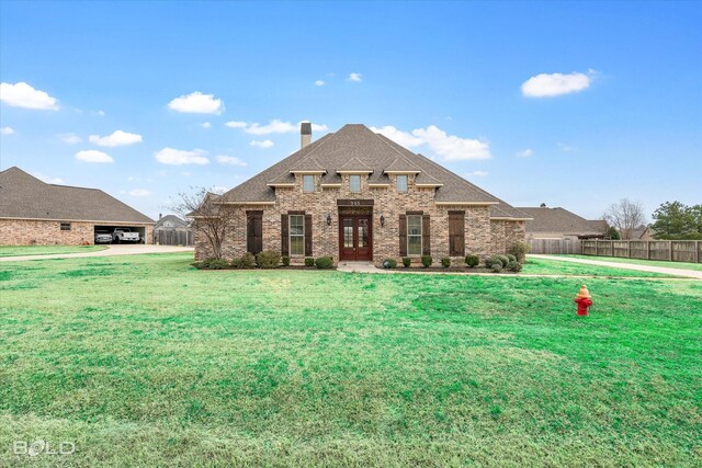 french country home with fence, a chimney, a front lawn, french doors, and brick siding