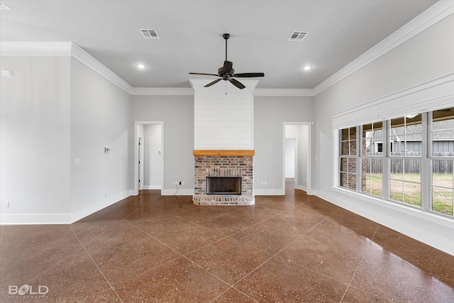 unfurnished living room with visible vents, ornamental molding, recessed lighting, a fireplace, and baseboards