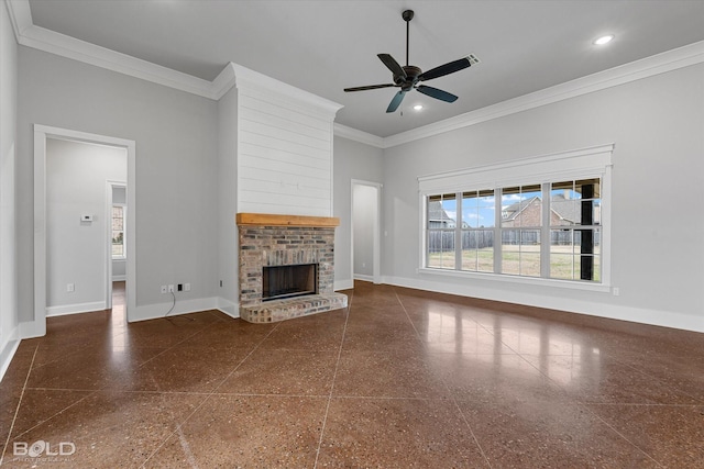 unfurnished living room featuring a ceiling fan, baseboards, recessed lighting, crown molding, and a brick fireplace