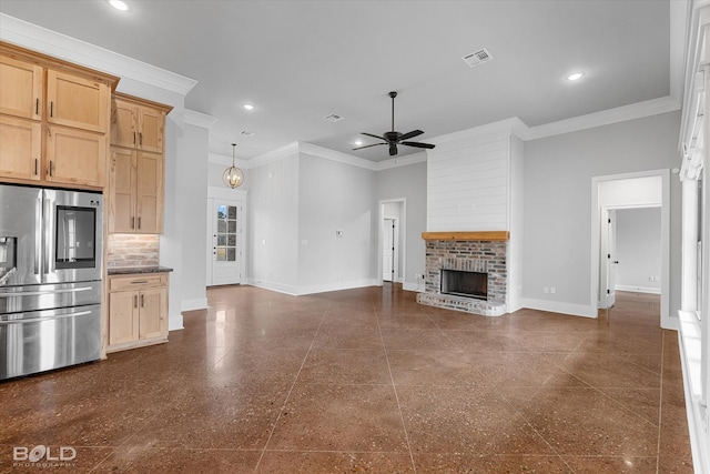 unfurnished living room with a fireplace, recessed lighting, baseboards, and visible vents