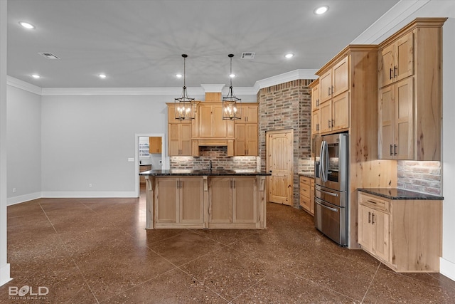 kitchen with tasteful backsplash, light brown cabinets, baseboards, stainless steel fridge with ice dispenser, and recessed lighting