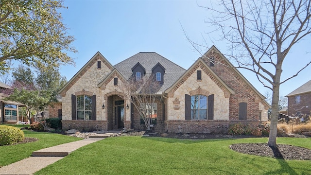 french country inspired facade featuring a front lawn, brick siding, and a shingled roof