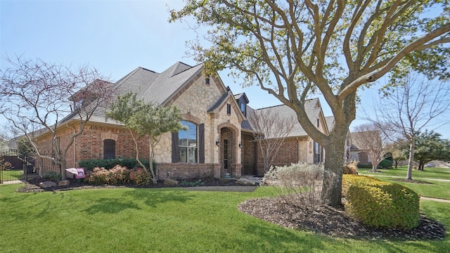 view of side of home featuring a lawn, brick siding, and stone siding