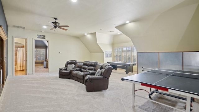 recreation room with visible vents, a ceiling fan, recessed lighting, carpet flooring, and lofted ceiling