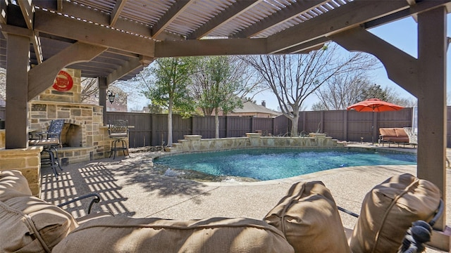 view of swimming pool featuring a fenced in pool, an outdoor stone fireplace, a fenced backyard, a pergola, and a patio