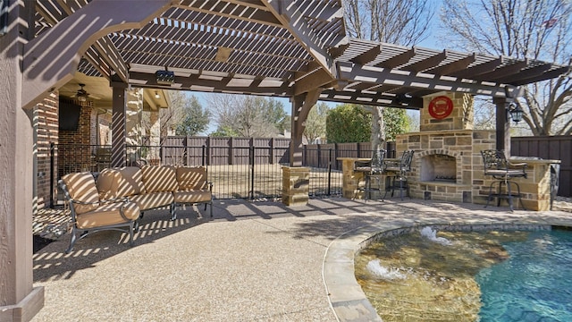 view of patio / terrace featuring fence, a pergola, and an outdoor stone fireplace