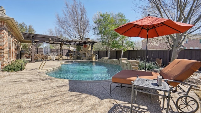 view of swimming pool with exterior fireplace, a pergola, and a fenced backyard