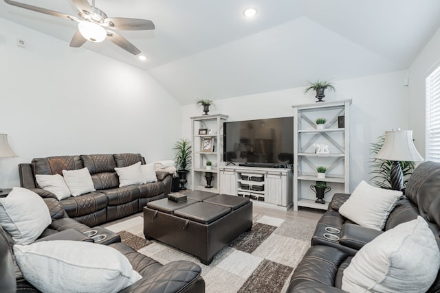 living room with recessed lighting, lofted ceiling, ceiling fan, and light wood finished floors