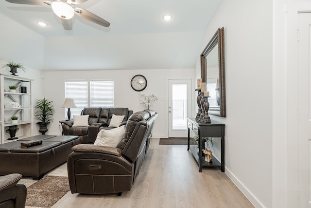 living area featuring recessed lighting, baseboards, ceiling fan, and light wood finished floors