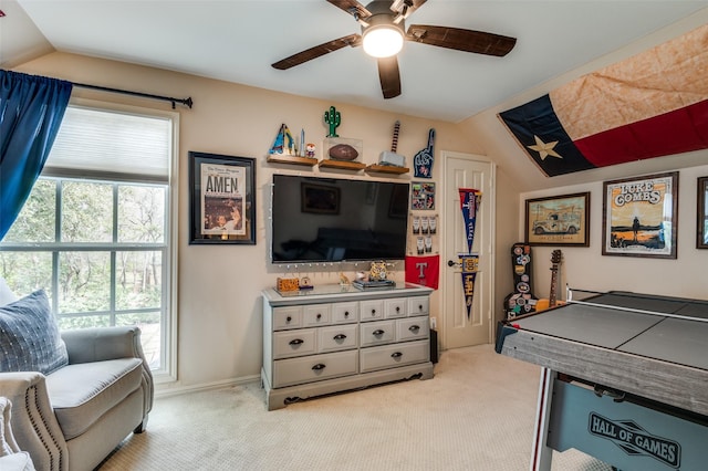 1905 Indian Creek Dr, Westover Hills, TX 76107 - rec room featuring lofted ceiling, ceiling fan, and light colored carpet