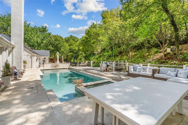 1905 Indian Creek Dr, Westover Hills, TX 76107 - view of swimming pool featuring outdoor lounge area, a patio, fence, and view of wooded area