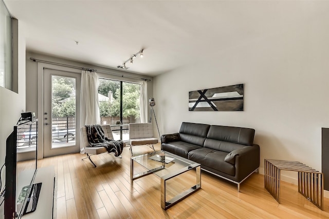 living area featuring baseboards, light wood-style flooring, and rail lighting