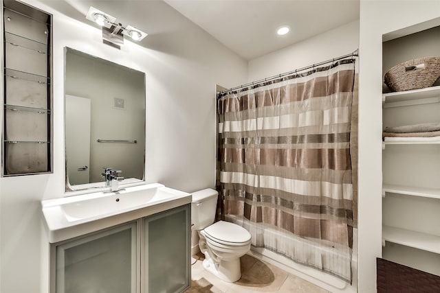 bathroom with vanity, visible vents, recessed lighting, tile patterned flooring, and toilet