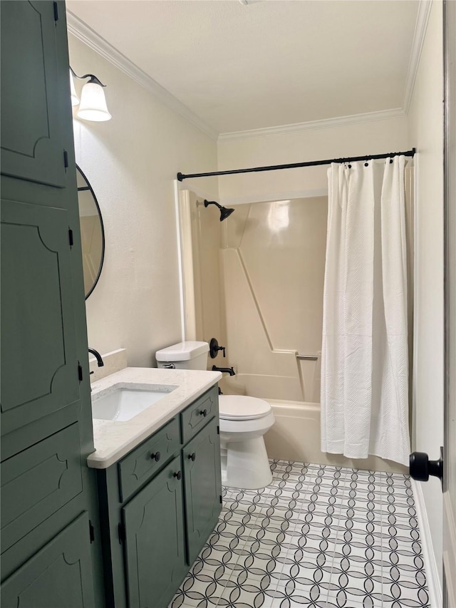 bathroom featuring vanity, toilet, ornamental molding, and shower / tub combo