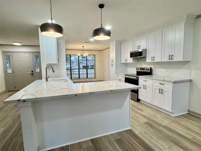 kitchen with a peninsula, light wood-style flooring, a sink, stainless steel appliances, and white cabinetry