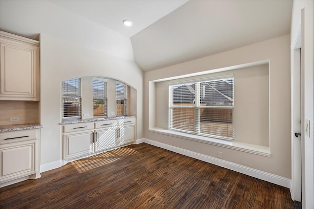 1621 Castleford Dr, Forney, TX 75126 - bar featuring baseboards, dark wood-style floors, and vaulted ceiling