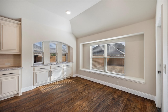 interior space featuring baseboards, lofted ceiling, and dark wood finished floors