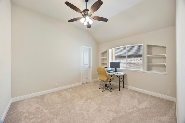 1621 Castleford Dr, Forney, TX 75126 - carpeted office space with baseboards, a ceiling fan, and vaulted ceiling