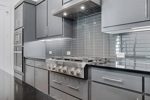 kitchen with tasteful backsplash, gray cabinets, under cabinet range hood, and stainless steel appliances