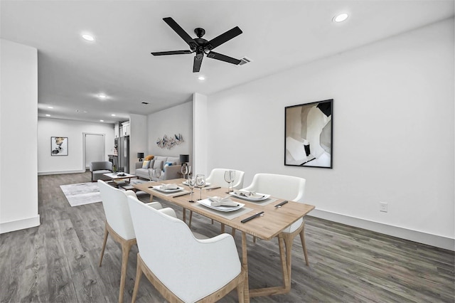 dining space with recessed lighting, visible vents, wood finished floors, and a ceiling fan