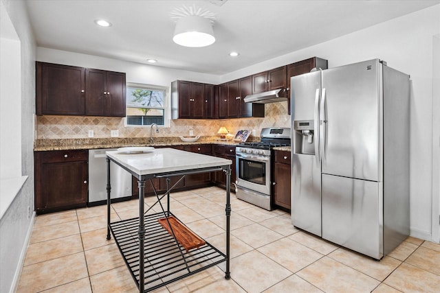 kitchen with under cabinet range hood, decorative backsplash, dark brown cabinets, and appliances with stainless steel finishes