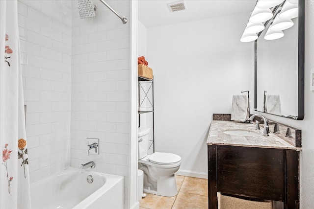 bathroom with visible vents, toilet, shower / tub combo with curtain, tile patterned flooring, and vanity