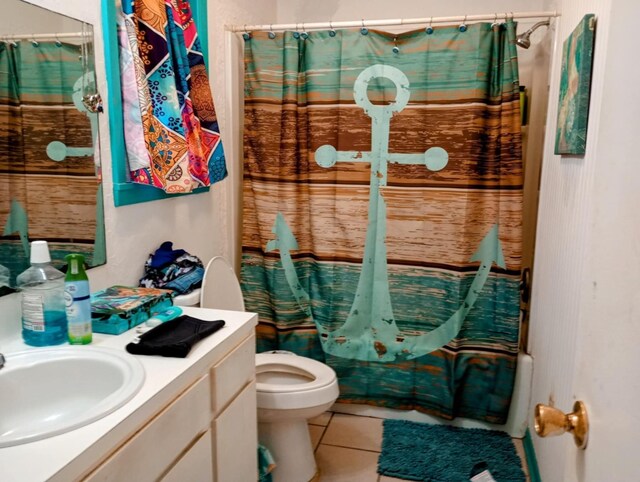 full bathroom with tile patterned floors, toilet, vanity, and a shower with curtain