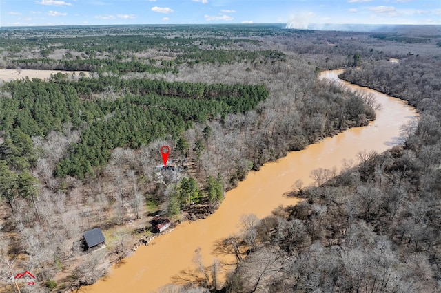 bird's eye view with a wooded view and a water view