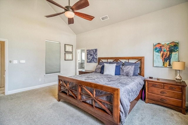 carpeted bedroom featuring visible vents, high vaulted ceiling, baseboards, and a ceiling fan