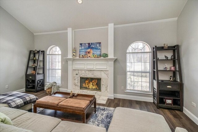 living room with baseboards, wood finished floors, a fireplace, and crown molding