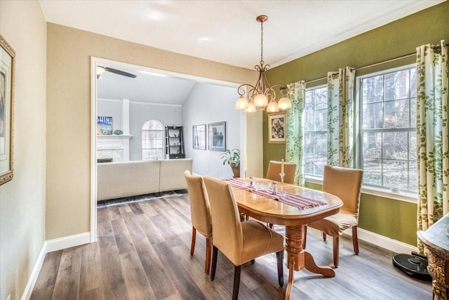 dining room with baseboards, plenty of natural light, wood finished floors, and a fireplace