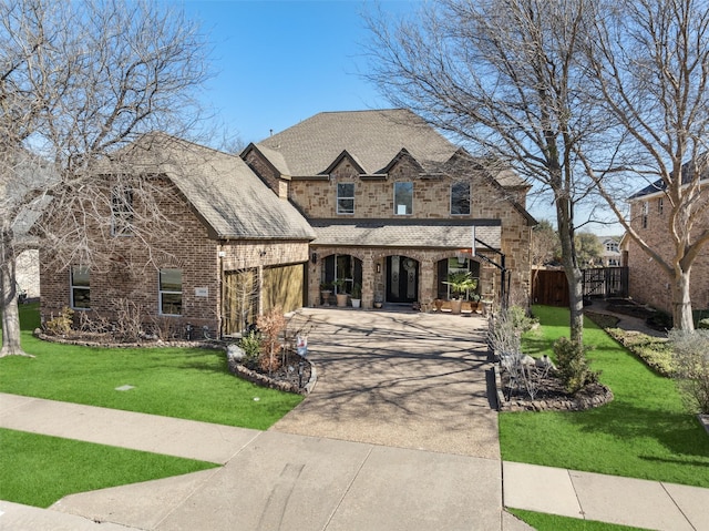 french country inspired facade with fence, concrete driveway, a front yard, a garage, and brick siding