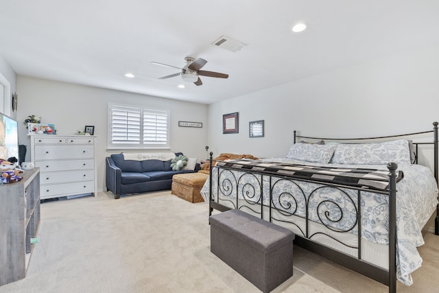 carpeted bedroom featuring visible vents, recessed lighting, and ceiling fan