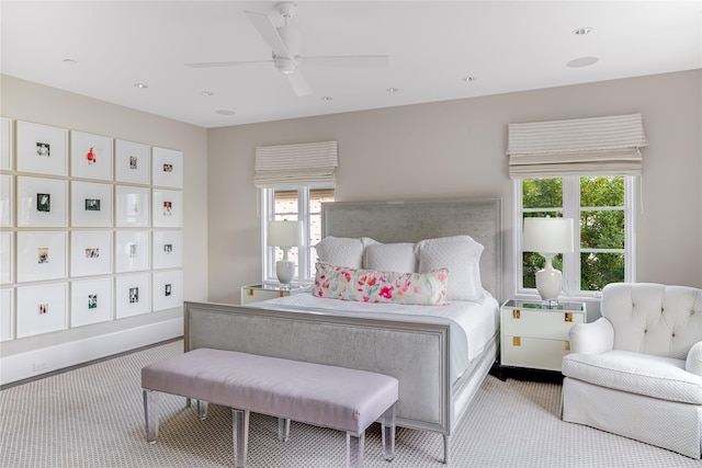 carpeted bedroom featuring recessed lighting and ceiling fan