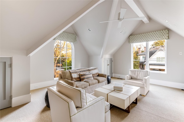 living room with vaulted ceiling with beams, light colored carpet, and baseboards