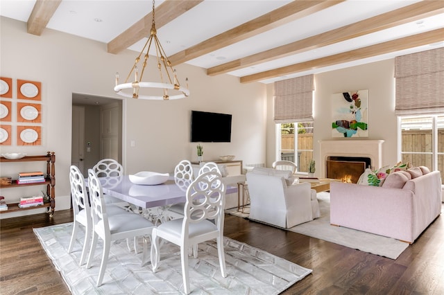 dining space featuring beam ceiling, a notable chandelier, a warm lit fireplace, and dark wood-style flooring