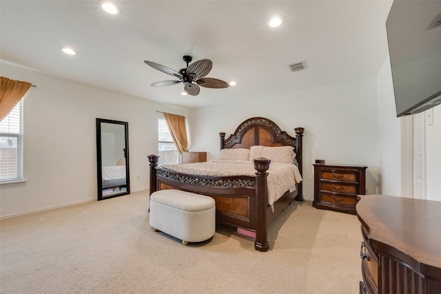 bedroom featuring visible vents, baseboards, ceiling fan, light carpet, and recessed lighting