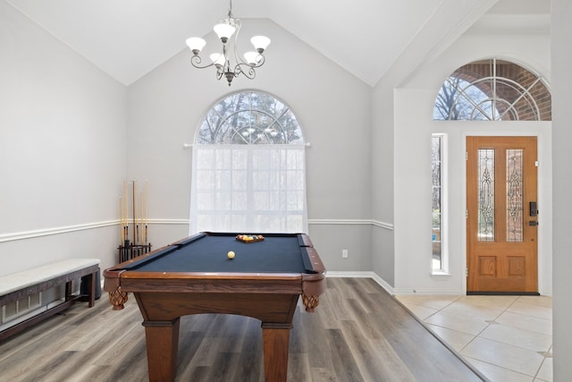 playroom with plenty of natural light, billiards, baseboards, and wood finished floors