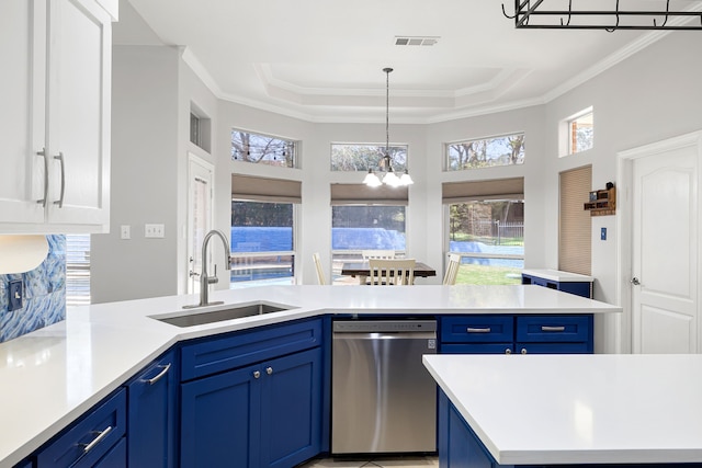 kitchen featuring a sink, visible vents, dishwasher, and blue cabinets