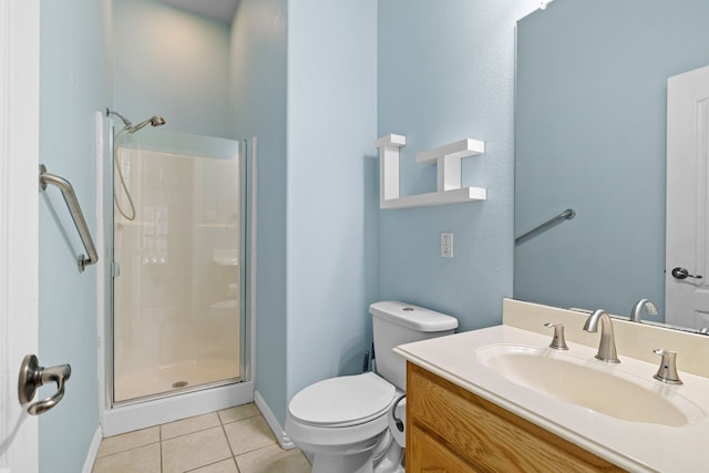 full bath with a shower stall, baseboards, toilet, tile patterned floors, and vanity