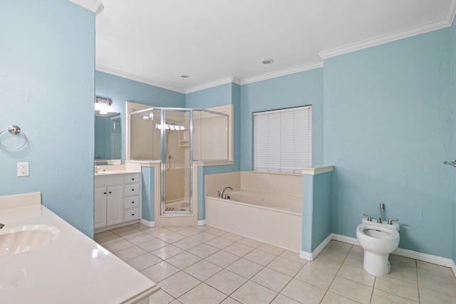 bathroom with tile patterned flooring, ornamental molding, two vanities, a stall shower, and a sink