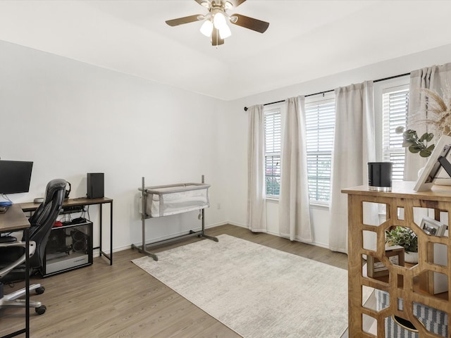 office featuring plenty of natural light, a ceiling fan, light wood-type flooring, and baseboards