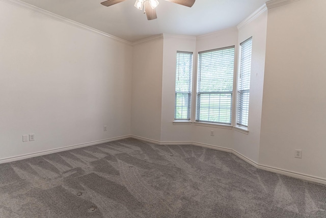 carpeted spare room with a ceiling fan, crown molding, and baseboards