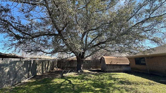 view of yard with an outdoor structure, a fenced backyard, and a shed