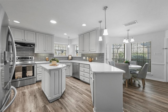 kitchen with a kitchen island, a peninsula, light countertops, appliances with stainless steel finishes, and light wood-type flooring