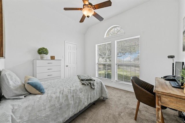 bedroom featuring carpet flooring, a ceiling fan, and lofted ceiling