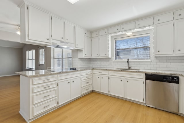 kitchen with light wood finished floors, black electric stovetop, under cabinet range hood, stainless steel dishwasher, and a sink