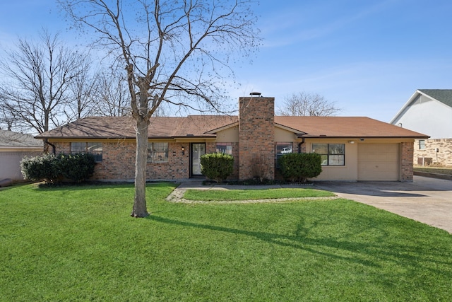 ranch-style house featuring brick siding, an attached garage, a front yard, a chimney, and driveway